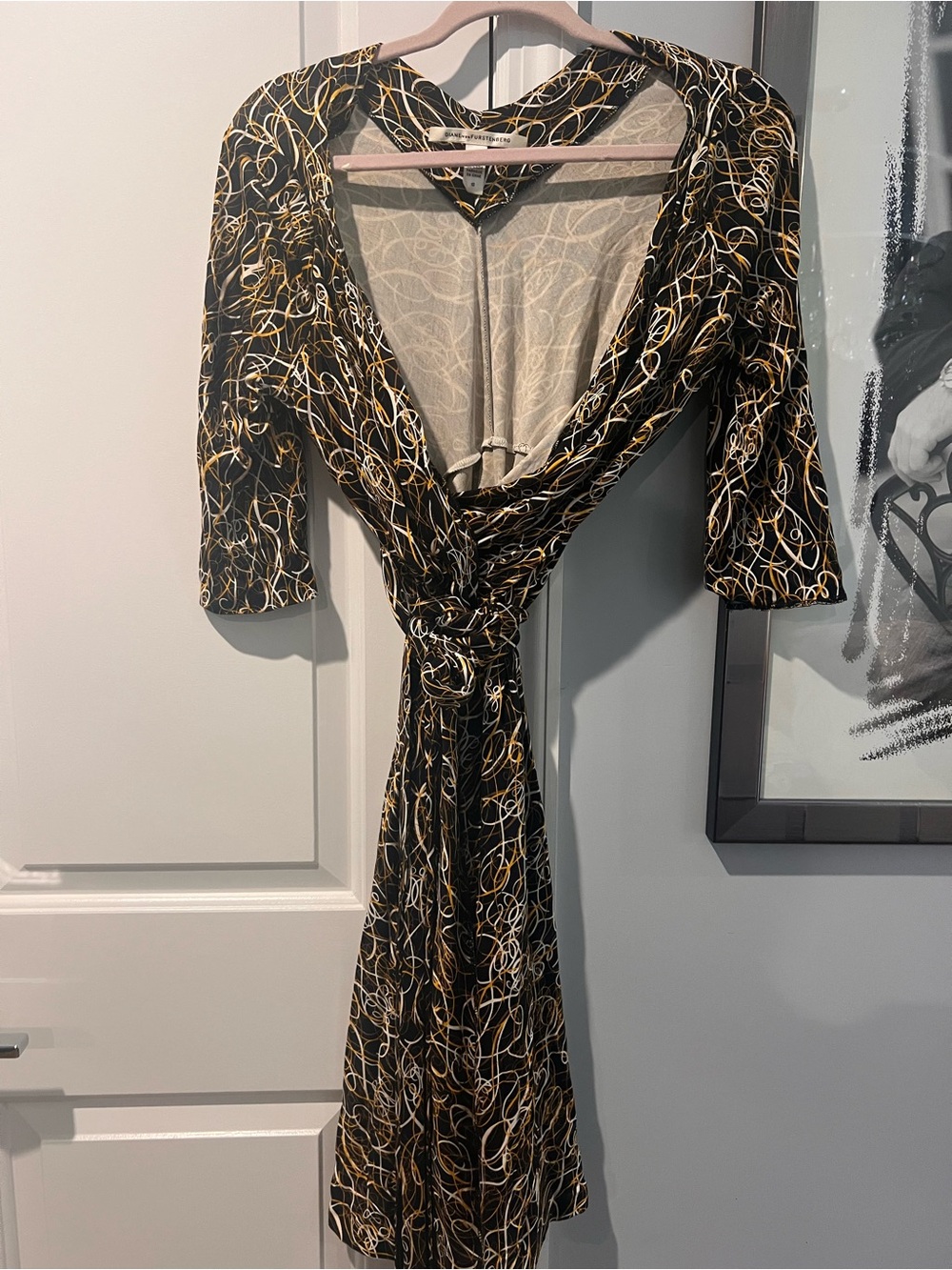 Diane Von Furstenberg Black Wrap Midi Dress with Gold & Cream Swirl Print